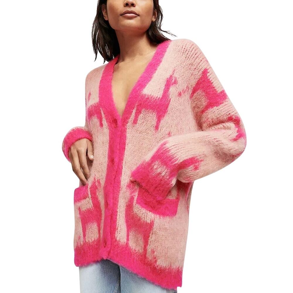 Maje Mylama Graphic-Pattern Knitted Cardigan Pink Womens Size 1 (Small) - Picture 2 of 11